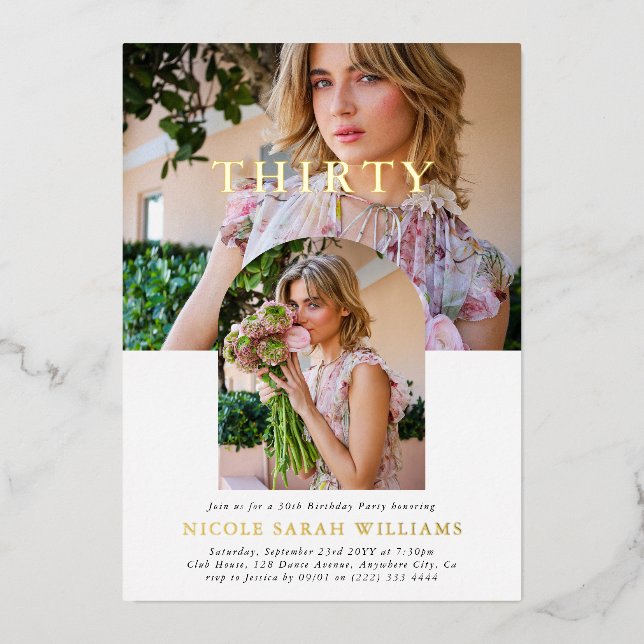 Stylish Minimal Photo THIRTY 30th Birthday Foil Invitation (Front)