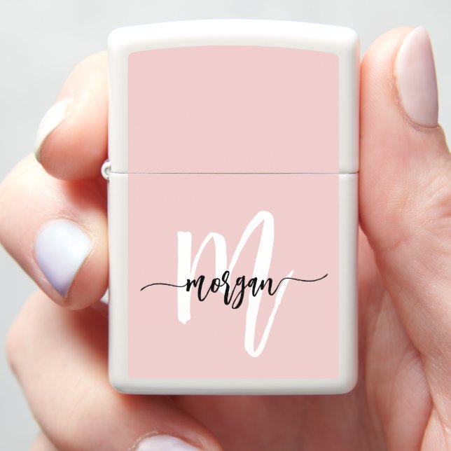 Stylish Minimal Pink Modern Typographic Monogram Zippo Lighter (In Hand)