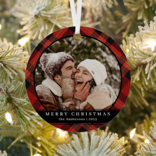Stylish Minimal Red Plaid Christmas Couple Photo Metal Ornament