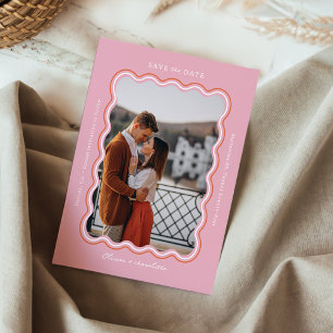 Stylish Minimal Retro Style Wavy Photo Frame Pink Save The Date