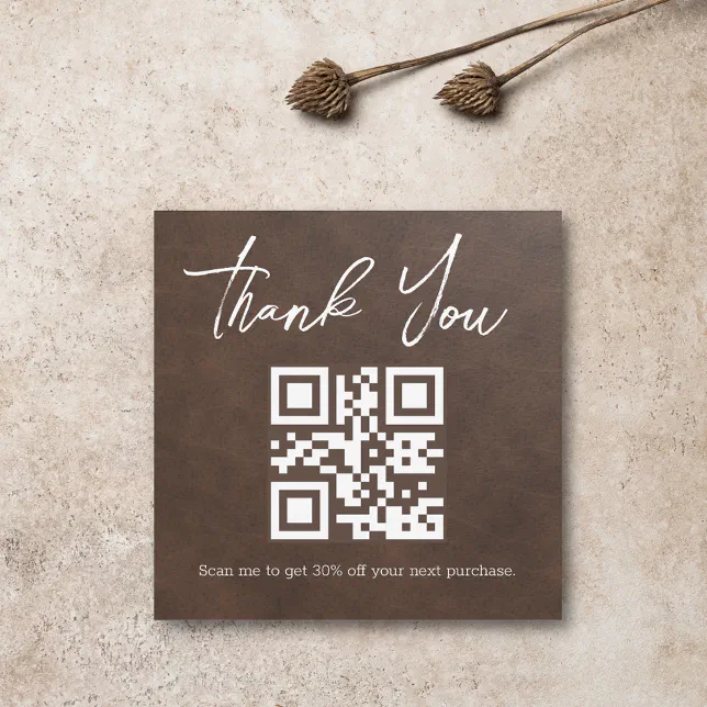 stylish minimal thank you business qr code brown note card | Zazzle