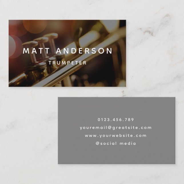 Stylish Minimal Trumpet Grey Musician Business Card (Front/Back)