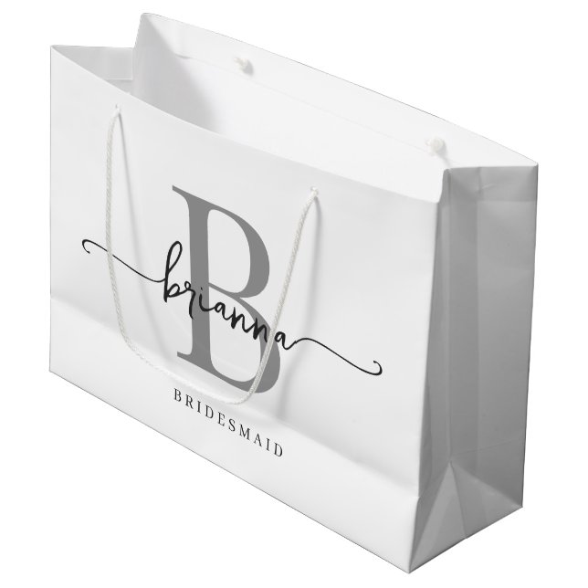 Stylish Minimal White Gray Monogram Girly Script Large Gift Bag (Front Angled)