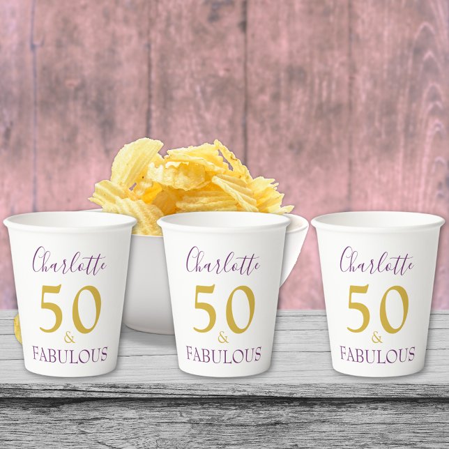 Stylish Minimalist 50th Birthday Party Paper Cups (50 and fabulous gold and purple modern typography script custom 50th birthday party paper cups)