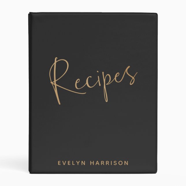 Stylish Minimalist Black Gold Personalized Recipe Mini Binder (Front)