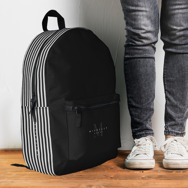 Stylish Minimalist Black White Stripes Monogram Printed Backpack (Stylish Minimalist Black White Stripes Monogram Printed Backpack
)