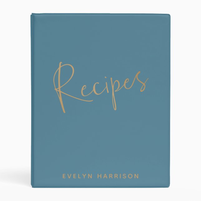 Stylish Minimalist Blue Personalized Recipe Mini Binder (Front)