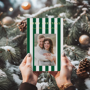 Stylish Minimalist Emerald Green Striped Photo  Foil Holiday Card