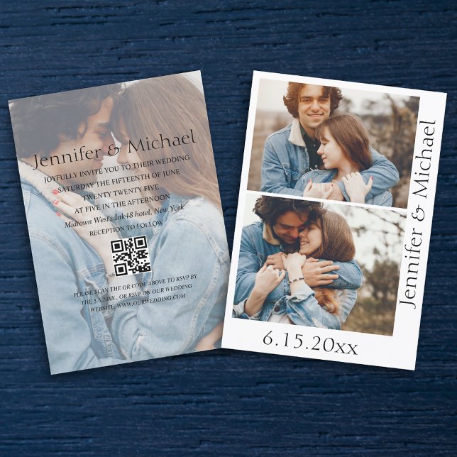 stylish minimalist qr code rsvp 3 photos wedding invitation (Creator Uploaded)