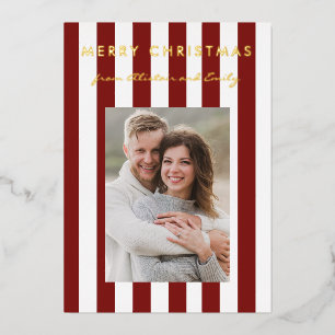 Stylish Minimalist Red and White Striped Photo  Foil Holiday Card