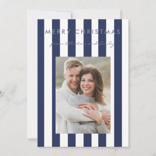 Stylish Minimalist Sapphire Blue Striped Photo  Holiday Card