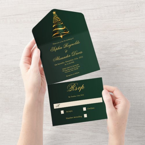 Stylish Minimalistic Golden Christmas Tree Wedding All In One Invitation