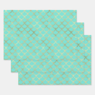 Stylish Mint and Gold Mermaid Wrapping Paper Sheets