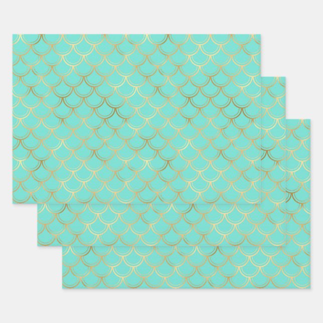 Stylish Mint and Gold Mermaid Wrapping Paper Sheets (Set)