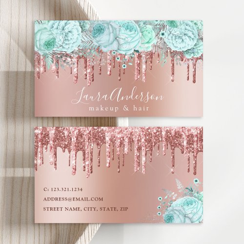 Stylish mint floral glitter drips makeup  hair business card