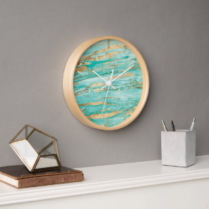 Stylish Mint Gold Abstract Marble Liquid Paint Clock