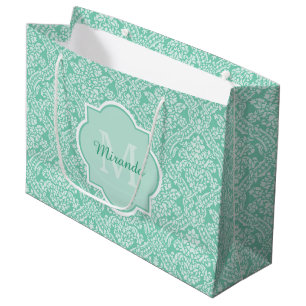 Stylish Mint Green Damask Monogram With Name Large Gift Bag