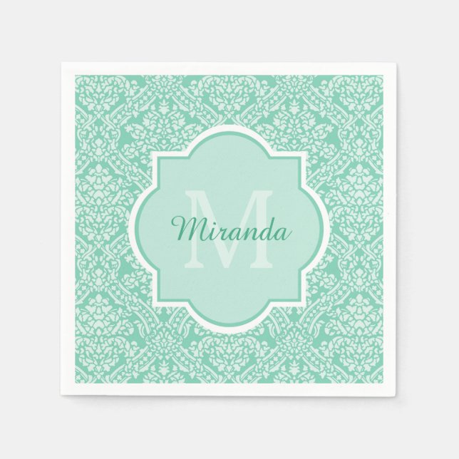 Stylish Mint Green Damask Monogram With Name Paper Napkins (Front)