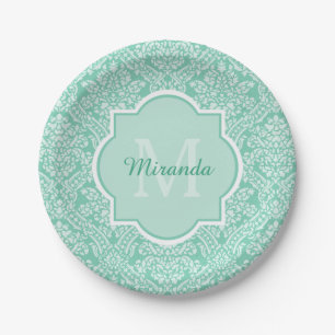 Stylish Mint Green Damask Monogram With Name Paper Plates