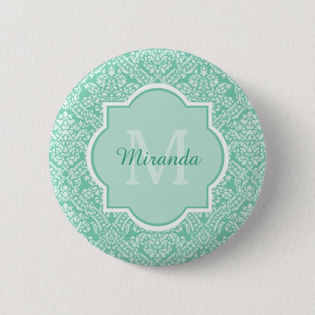 Stylish Mint Green Damask Monogram With Name Pinback Button (Front)