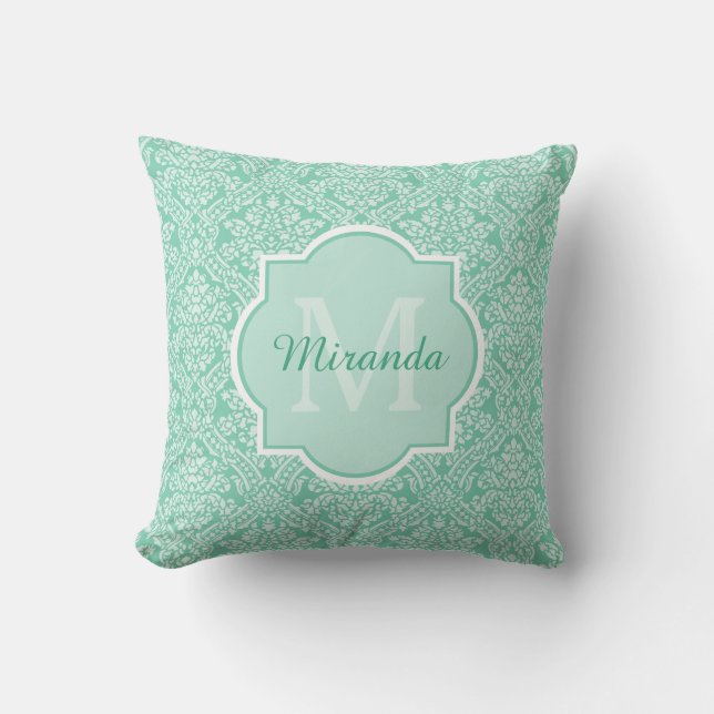 Stylish Mint Green Damask Monogram With Name Throw Pillow (Front)