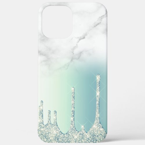 Stylish mint green glitter drips ombre marble iPhone 12 pro max case