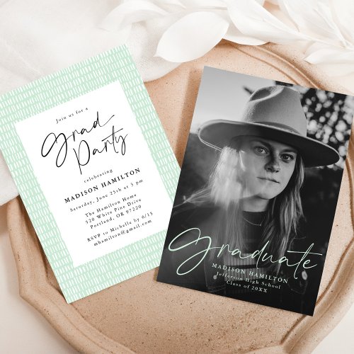 Stylish Mint Green Script Photo Graduation Party Invitation