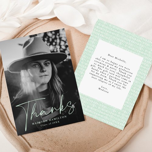 Stylish Mint Green Script Photo Graduation Thank You Card