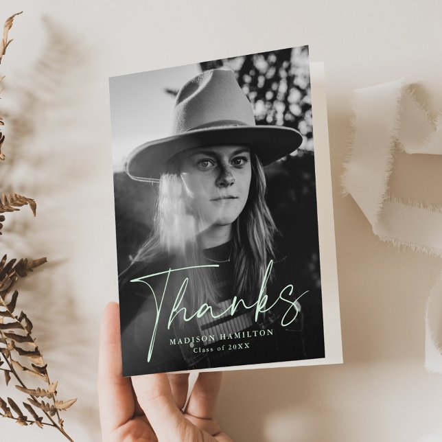Stylish Mint Green Script Photo Graduation Thank You Card (Creator Uploaded)