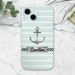 Stylish Mint Green Stripes Watercolor Anchor iPhone 15 Case