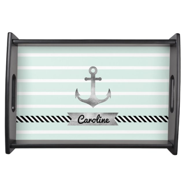 Stylish Mint Stripes Gray Anchor Personalized Serving Tray (Front)