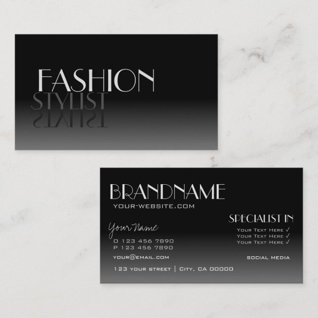 Stylish Mirror Font Classic Black White Gradient Business Card (Front/Back)