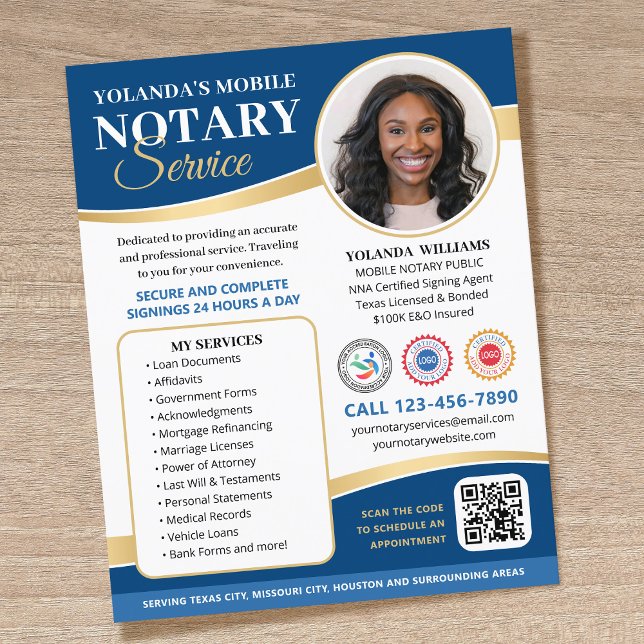 Stylish Mobile Notary Public QR Code Blue Editable Flyer (Creator Uploaded)