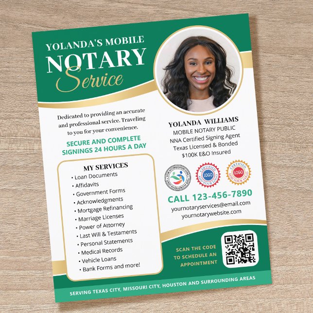 Stylish Mobile Notary Public QR Code Green Flyer (Creator Uploaded)