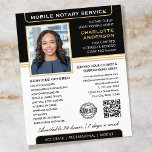 Stylish Mobile Notary Service Photo Black Gold Flyer<br><div class="desc">Professional Notary Public flyers with a profile photo, accreditation symbol and QR code. This editable template can be personalized with a name, qualifications, availability, area served, contact information and a list of services. Add your company logo or a certification mark for branding, and connect clients to your website with a...</div>