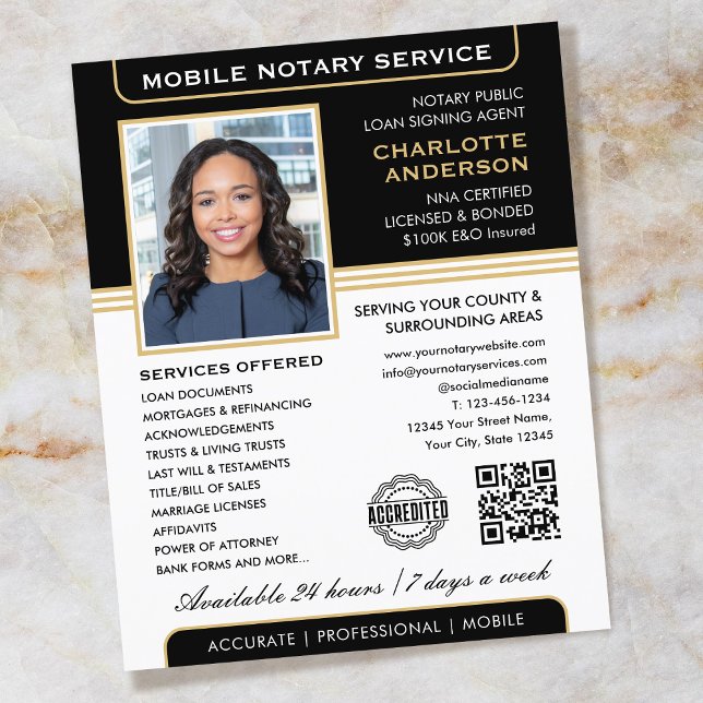 Stylish Mobile Notary Service Photo Black Gold Flyer (Creator Uploaded)