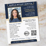 Stylish Mobile Notary Service Photo Blue Gold Flyer<br><div class="desc">Attract more customers with these classic 'Mobile Notary Service' business flyers. A stylish template personalized with your photo, name, details, QR code and a logo or accreditation symbol. The text and images can be customized or deleted so you can include the information you want. Simply add your web URL and...</div>