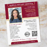 Stylish Mobile Notary Service Photo Burgundy Gold Flyer<br><div class="desc">Professional Notary Public flyers with a profile photo, accreditation symbol and QR code. This editable template can be personalized with a name, qualifications, availability, area served, contact information and a list of services. Add your company logo or a certification mark for branding, and connect clients to your website with a...</div>