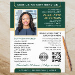 Stylish Mobile Notary Service Photo Green Gold Flyer<br><div class="desc">Attract more customers with these classic 'Mobile Notary Service' business flyers. A stylish template personalized with your photo, name, details, QR code and a logo or accreditation symbol. All the text and images can be customized or deleted so you can include the information you want. Simply add your web URL...</div>