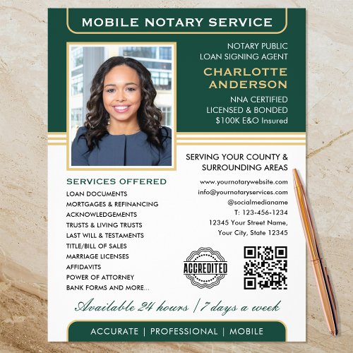 Stylish Mobile Notary Service Photo Green Gold Flyer