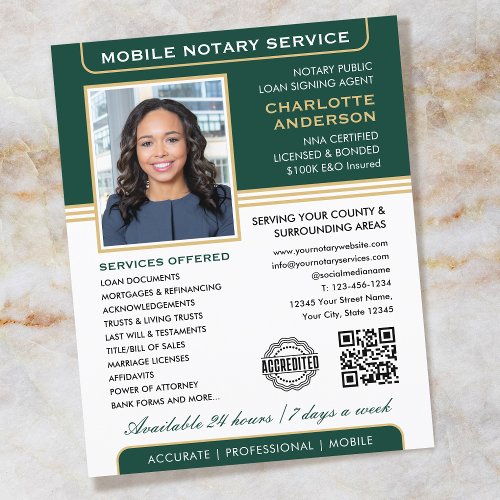 Stylish Mobile Notary Service Photo Green Gold Flyer