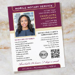 Stylish Mobile Notary Service Photo Plum Gold Flyer<br><div class="desc">Professional Notary Public flyers with a profile photo, accreditation symbol and QR code. This editable template can be personalized with a name, qualifications, availability, area served, contact information and a list of services. Add your company logo or a certification mark for branding, and connect clients to your website with a...</div>