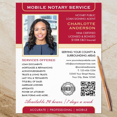 Stylish Mobile Notary Service Photo Red Gold Flyer