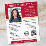 Stylish Mobile Notary Service Photo Red Gold Flyer<br><div class="desc">Professional Notary Public flyers with a profile photo, accreditation symbol and QR code. This editable template can be personalized with a name, qualifications, availability, area served, contact information and a list of services. Add your company logo or a certification mark for branding, and connect clients to your website with a...</div>