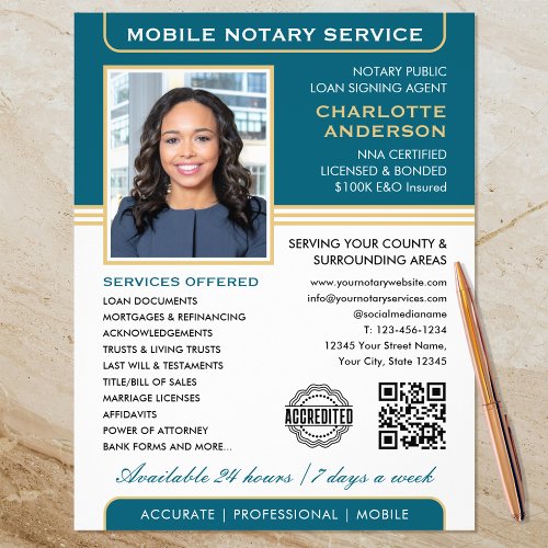 Stylish Mobile Notary Service Photo Teal Gold Flyer