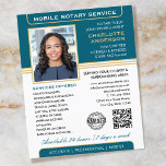 Stylish Mobile Notary Service Photo Teal Gold Flyer<br><div class="desc">Attract more customers with these classic 'Mobile Notary Service' business flyers. A stylish template personalized with your photo, name, details, QR code and a logo or accreditation symbol. All the text and images can be customized or deleted so you can include the information you want. Simply add your web URL...</div>