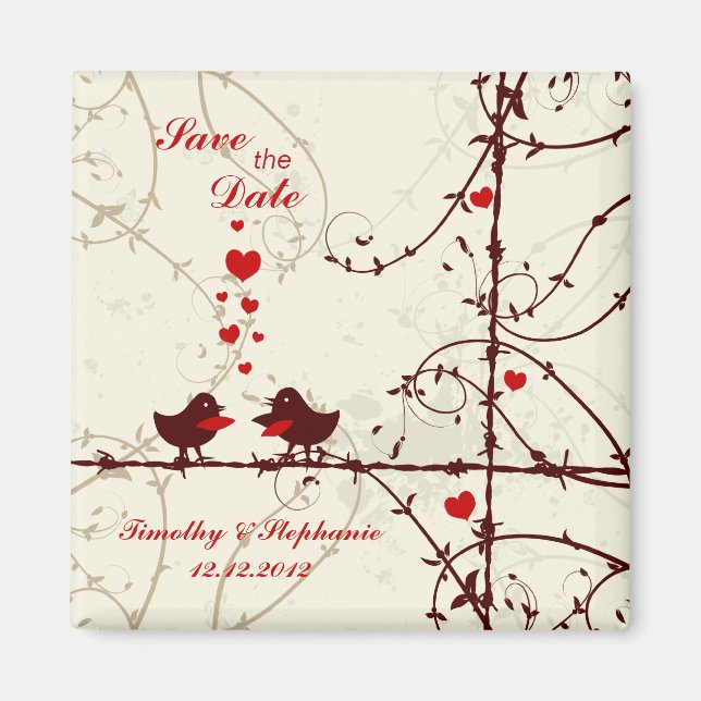 Stylish mod swirl vines birds save the date magnet (Front)