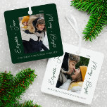 Stylish Modern 1st Christmas Engaged Couple Photo Metal Ornament<br><div class="desc">Celebrate your first Christmas engaged with our stylish modern and trendy Merry & Bright Christmas engagement two photo ornament. Minimal style design with a trendy script font. Personalize with your text, year, and name along with a photo on the front and back side of the ornament. A beautiful photo keepsake...</div>