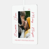 Stylish Modern 1st Christmas Engaged Couple Photo Metal Ornament (Front Left)