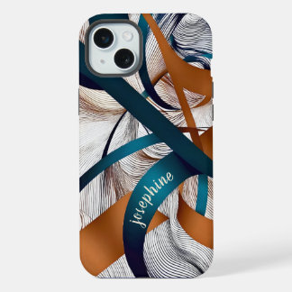 Stylish modern abstract teal and bronze ribbon iPhone 15 plus case
